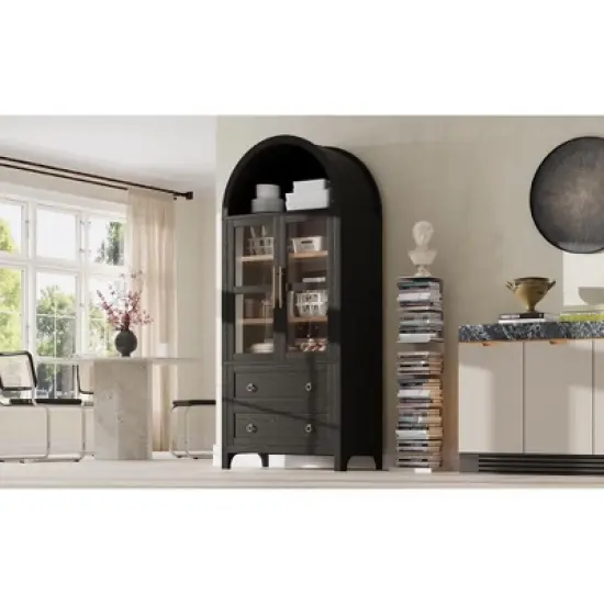 ORRD 71" Black Arched Pantry Cabinet with 2 Drawers & Glass Door, Adjustable Shelves, Farmhouse Kitchen Storage for Dining Room image {2}
