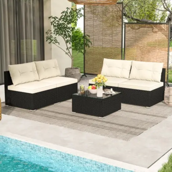 Tangkula 5 Pieces Outdoor Patio Furniture Set Sectional PE Rattan Sofa Set with Cushions and Tempered Glass Coffee Table image {1}