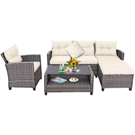 Tangkula 4PCS Rattan Patio Conversation Furniture Set Outdoor Sectional Sofa Set White image {6}