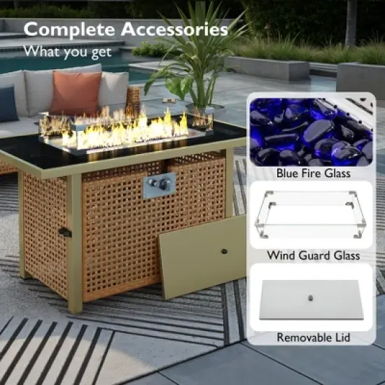 43" Rectangular Outdoor Propane Fire Pit Table, 60,000 BTU, Open-Weave Resin Wicker with Glass Guard for Patio and Backyard image {3}