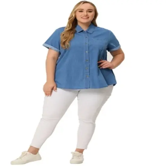 Agnes Orinda Plus Size Button Down Shirt for Women Denim Roll Sleeve Stand Collar Chambray Shirts Top image {2}