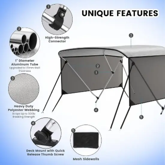3 Bow Bimini Tops for Boat, Boat Canopy with 2 Removable Side Curtains, 4 Adjustable Windproof Ropes, Marine Grade Canvas for Sun Protection image {3}