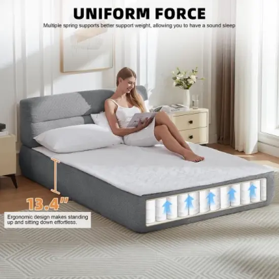 Aukfa 2-in-1 Queen Size Upholstered Platform Bed with Mattress, No Assembly Floor Bed Frame with Headboard, 13.4" Chenille Fabric image {6}