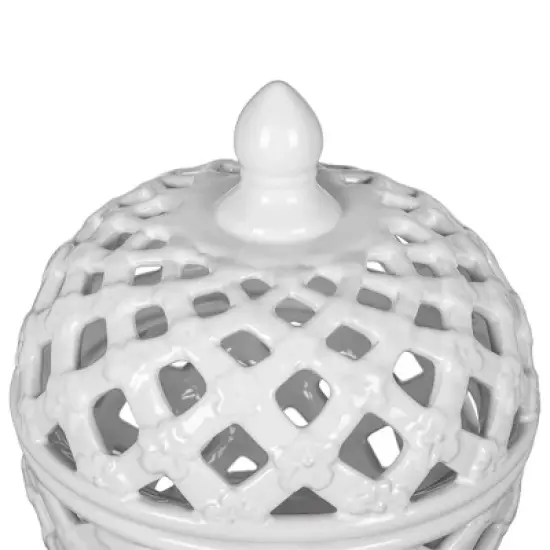 D8x9.5in White Ceramic Lidded Jar with Lattice Design image {2}