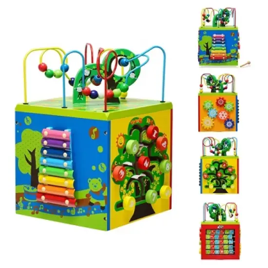 Costway 5-in-1 Wooden Activity Cube Toy Educational Learning Bead Maze w/ Rotatable Base image {9}