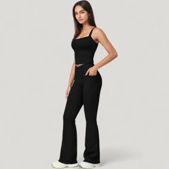 Anna-Kaci Active Women's Crossover Waist Flare Lounge Pants in Soft Woven Fabric with Relaxed Fit and Streamlined Silhouette image {5}