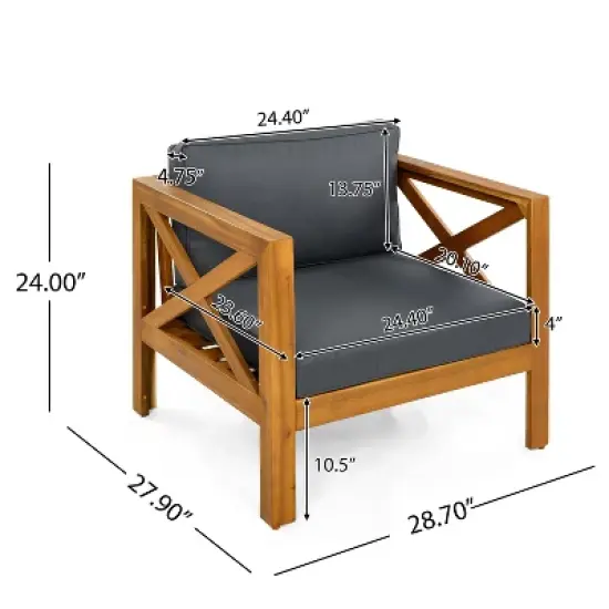 FIONECA Patio Conversation Set, 2 Acacia Wood Armchairs with Cushions & Foldable Side Table, Teak Finish, Dark Grey image {5}
