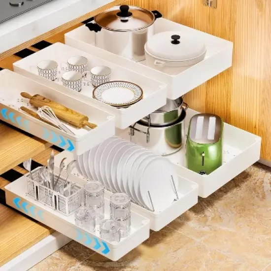 Pull Out Cabinet Organiser, Slide Out Drawer for Kitchen Cupboard, Roll-Out Extendable Sliding Drawer, No Need Drill and Nailing image {5}