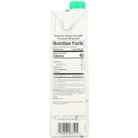 Pacific Foods Organic Original Unsweetened Coconut Plant-Based Beverage - Case of 12/32 oz image {2}