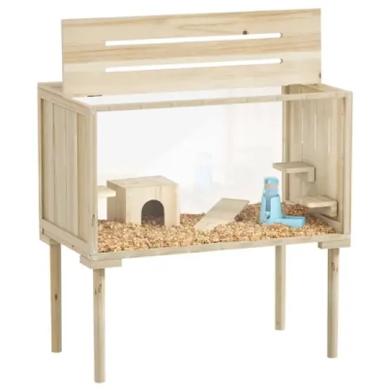 PawHut Wooden Hamster Cage with Legs, Gerbil Cage with Seesaw, Hut, Water Bottle & Food Dish, Hamster Habitat for Syrian, Dwarf, Mouse, Nature Wood image {6}