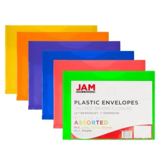 JAM Paper 9 3/4'' x 13'' 6pk Plastic Envelopes with Hook & Loop Closure, 1" Expansion, Letter Booklet - Multicolor image {1}