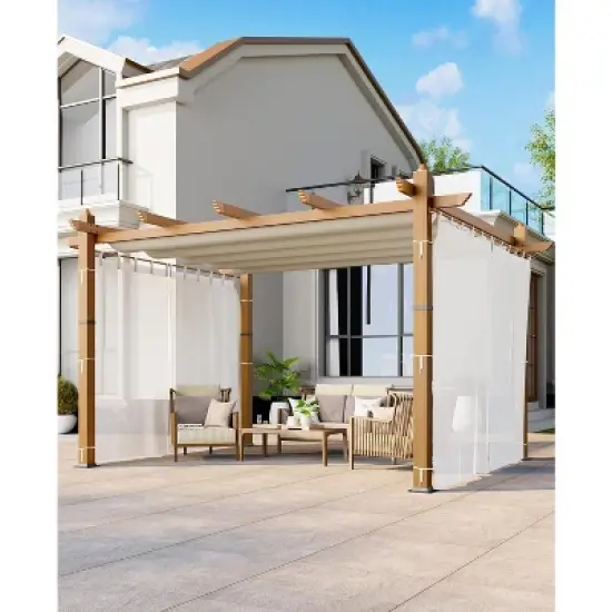 10x13ft Wood Grain Aluminum Pergola, Beige UV Block Canopy, Mesh Net, Rustproof Frame, Fast Tool-Free Assembly image {4}