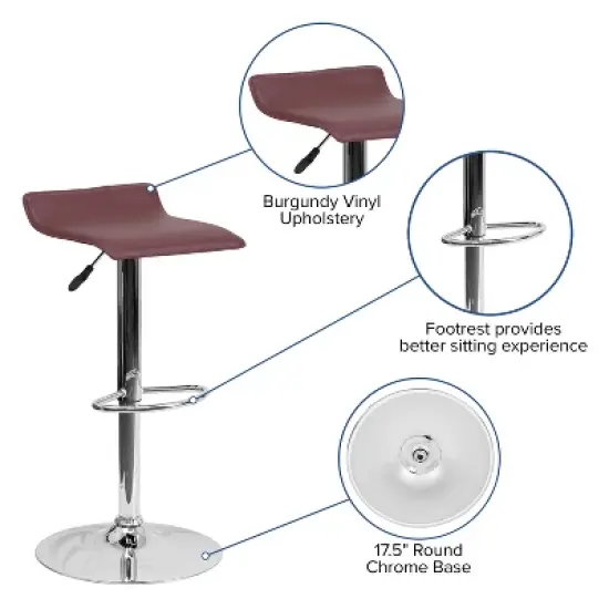 Emma and Oliver Solid Wave Seat Vinyl Adjustable Height Barstool with Chrome Base image {2}