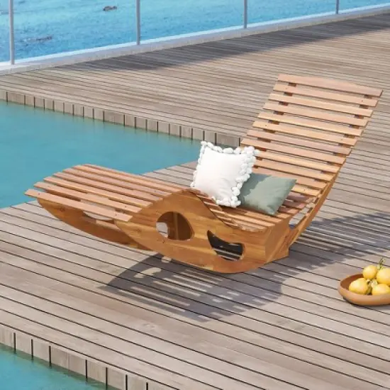Tangkula 2PCS Outdoor Chaise Lounge Acacia Wood Rocking Sun Lounger with Slatted Backrest and Seat Wooden Rocker Lounge Chair image {2}