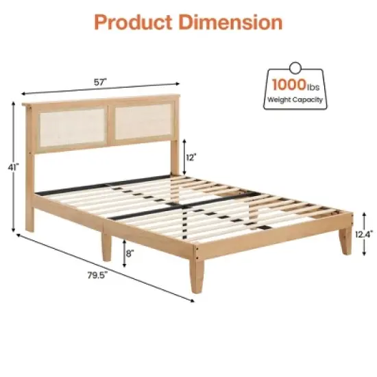 Rattan Bed Frame Full with Natural Rattan Headboard,Bohemian Rattan Full Size Bed Frame with LED Lights, With Silent Slats,No Box Spring Needed (Full) image {5}