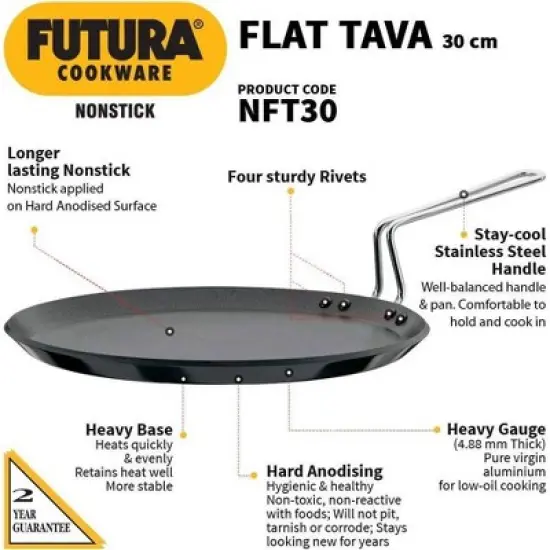Hawkins 11" Futura Non Stick Flat Tava Griddle: Anodized Aluminum, Gas Compatible, Hand Wash, 1-Year Warranty image {1}
