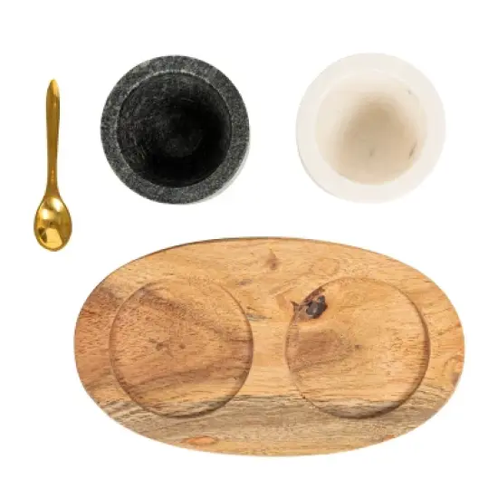 Storied Home Round Marble Bowls on Mango Wood Tray with Brass Salt Spoon, White and Black, Set of 2 image {8}