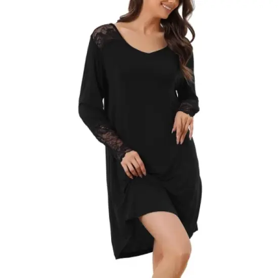 cheibear Women's Lace Trim Long Sleeves Pull-on Nightshirt Dress image {5}