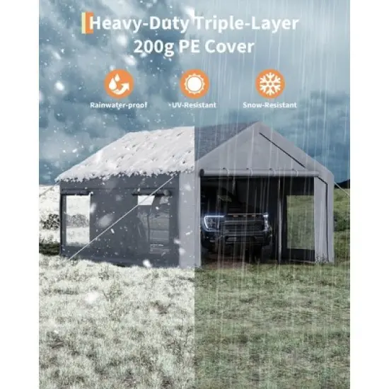 12x20 Ft Carport, Car Port with 200g PE Tarp, Roll-Up Doors, and 4 Windows, for Full-Size Pickups, Bass Boats, Tractors, and SUVs image {2}