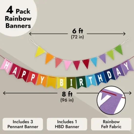 Blue Panda 8 Feet Rainbow Happy Birthday Banner with 3 Colorful Felt Pennant Flag Banners (6 Feet) for Party Decorations image {3}