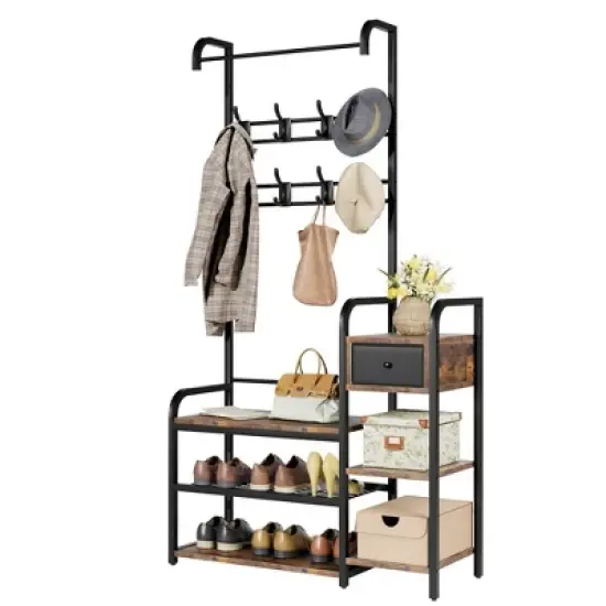Garvee Hall Tree Storage Bench for Entryway, Coat Rack Shoe Bench with Storage Drawer, 5-in-1 Coat Rack Storage Shelf and 8 Hooks, Brown image {9}