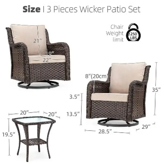 3 Pieces Outdoor Wicker Swivel Rocker Patio Set, 360-Degree Swivel Rocking Chair Elegant Wicker Patio Bistro Set with Tempered Glass Top Side Table image {6}