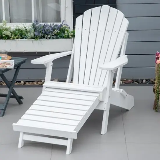 Outsunny Folding Adirondack Chair with Pull Out Ottoman, Outdoor Fir Wood Fire Pit Chair with Footrest, Porch Fanback Lounge for Patio, Garden, White image {1}