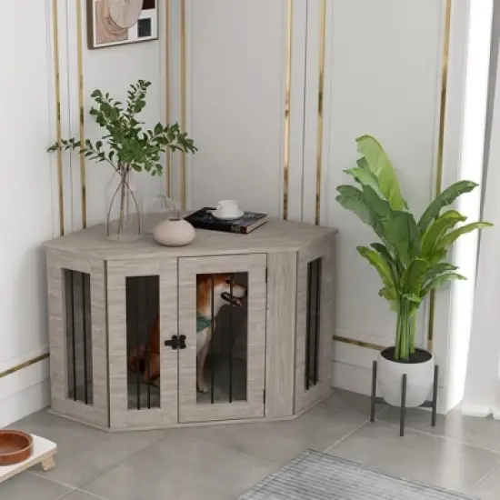 PawHut Conner Dog Crate Furniture, End Table Dog Kennel Furniture with Cushion, Pet Crate for Dog Indoor Use, Walnut Brown image {2}