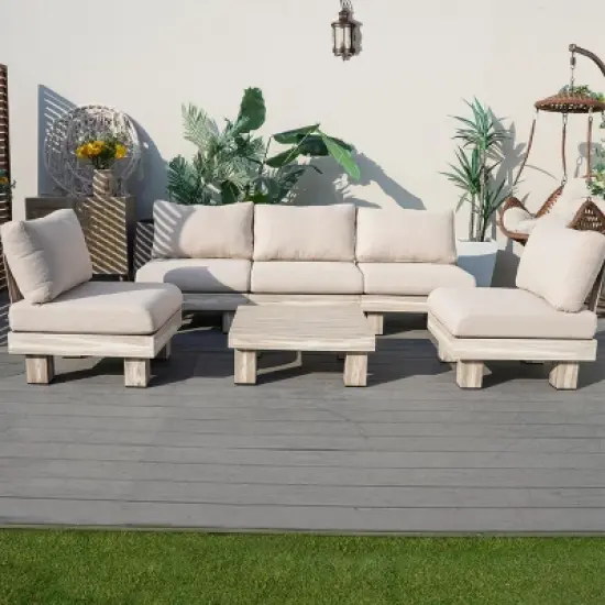 Moda Furnishings 5-Person Outdoor Patio Aluminum Wood Grain Sectional Seating Group With Beige Cushions image {2}