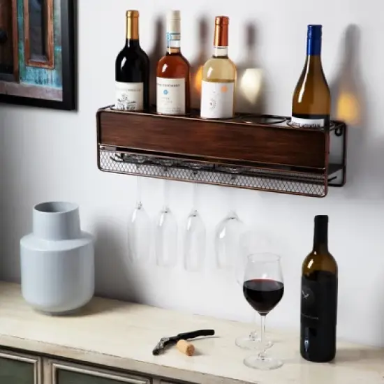 True Wall Mounted Wine Shelf & Stemware Rack, Wood image {1}