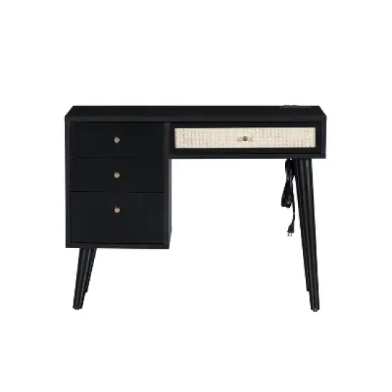 TOBILI 39" Wooden Makeup Vanity Set with Charging Plug USB Port and Stool, Dressing Table with 3 Storage Drawers and 1 Rectangular Rattan Drawer image {3}