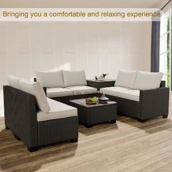 Garvee Outdoor Patio Furniture Set, 8 Piece Patio Rattan Sectional Couch Set,Wicker Patio Conversation Sets with with Storage Box & Glass Top Table image {2}