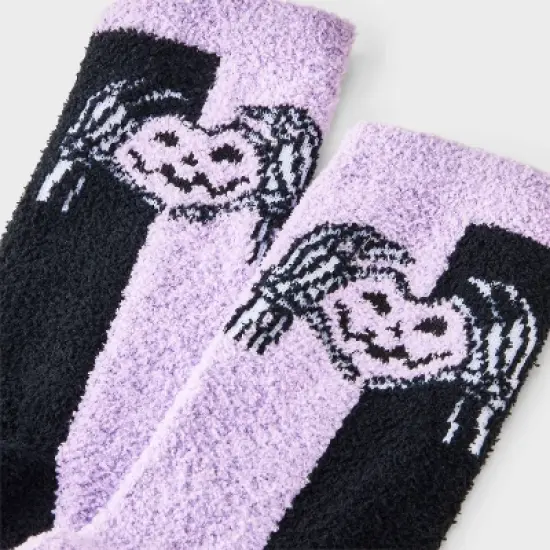 Women's Skeleton Heart Hands Jack - o' - Lantern Halloween Cozy Crew Socks - Hyde and EEK! Boutique&trade; Purple/Black/White 4 - 10 image {2}