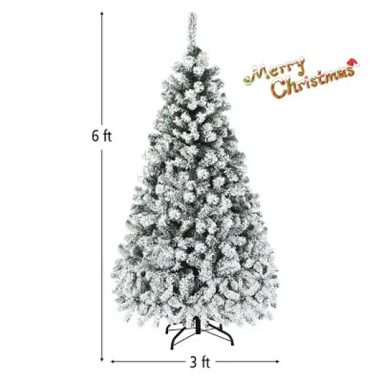 Costway 6ft/7.5ft/9ft Pre-Lit Premium Snow Flocked Hinged Artificial Christmas Tree with 250 Lights/450 Light/550 Lights image {4}