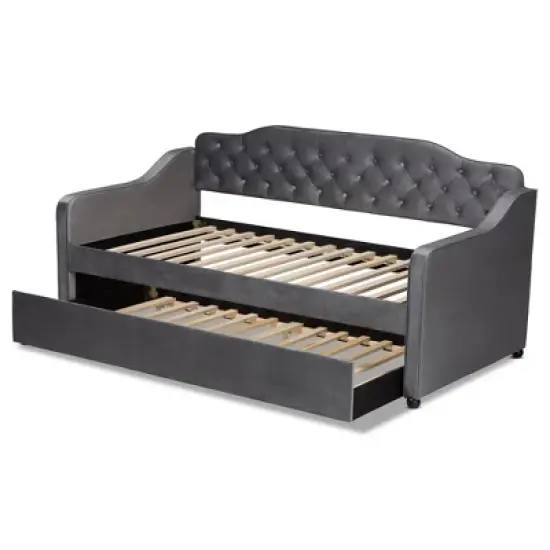 Freda Velvet Fabric Upholstered Button Tufted Daybed with Trundle - Baxton Studio image {4}