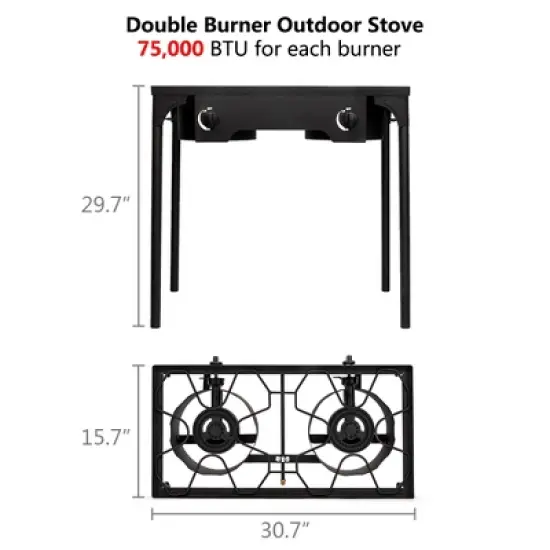 KTMBDW Outdoor Camp Stove High Pressure Propane Gas Cooker Portable Cast Iron Patio Cooking Burner (Double Burner 150000-BTU), Black image {7}