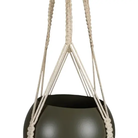 Round Hanging Pot Green Metal & Rope - Foreside Home & Garden image {2}