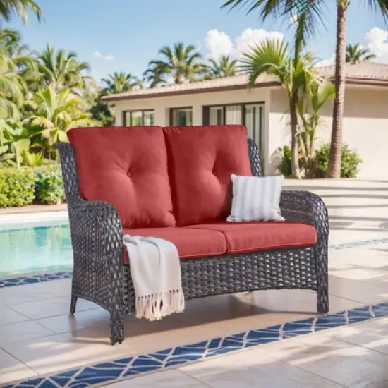 Buenhomino Outdoor Patio Couch Wicker Sofa Loveseat- 2 Seater Rattan Sofa for Outside Patio Garden with Deep Seating and Olefin Cushions image {14}