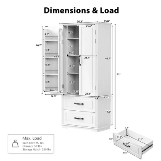 Kitchen Pantry Cabinet with 2 Drawers, 8 Door Shelves, Adjustable Shelves, Embossed Texture Freestanding Storage Hutch for Dining Room image {10}