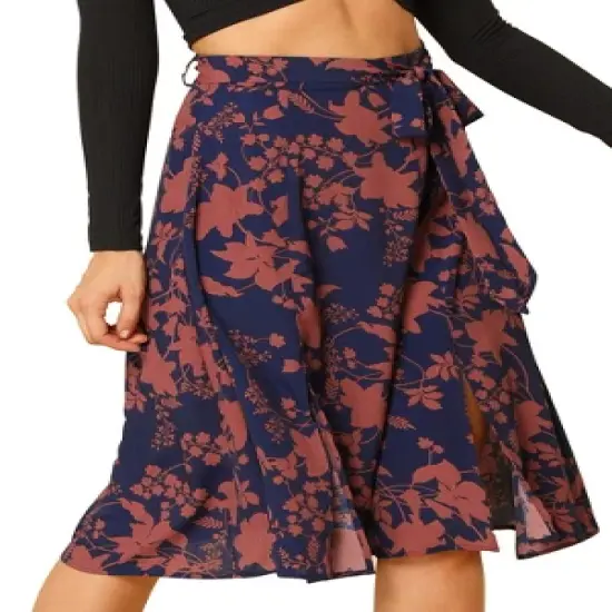Allegra K Women's High Elastic Waist Belted Slit A-Line Midi Floral Print Skirt image {8}