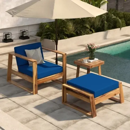 Outdoor Chaise Lounge Chair Set of 3, Acacia Wood Conversation Set with Coffee Table, Pool Sunbathing Recliner with Ottoman for Porch Backyard image {9}