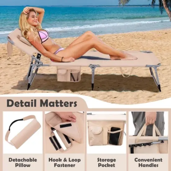 Costway 2PCS Outdoor Beach Lounge Chair Folding Chaise Lounge with Pillow Beige image {9}
