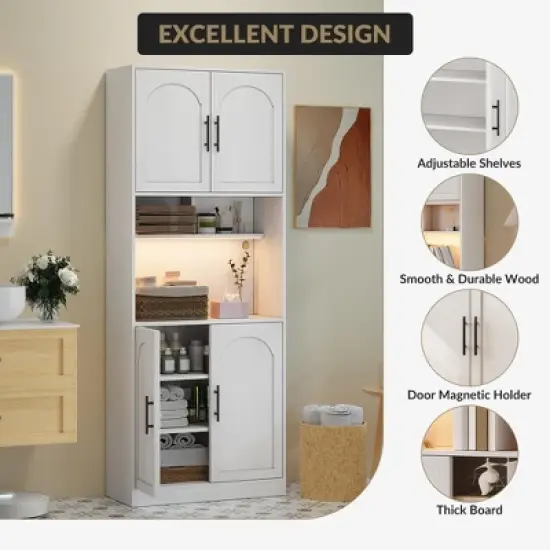 Kitchen Pantry Cabinet with RGB Light, Tall Kitchen Hutch Bar Cabinet with Microwave Stand and Barn Doors & 2 Open Shelves image {6}
