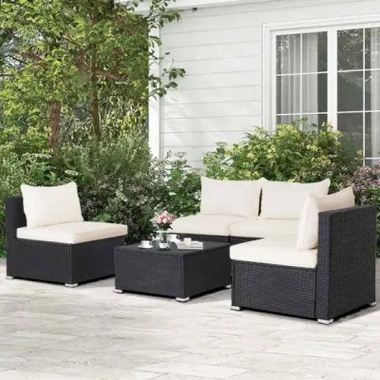 Costway 5PCS Patio Rattan Wicker Furniture Conversation Set Cushioned Sofa Deck image {2}