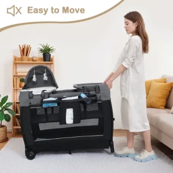 Kinder King 4-in-1 Convertible Baby Playard with Bassinet, Diaper Changer, Cradle&Bedside Sleeper, Breathable Mesh, Storage Organizer&Lockable Wheels image {5}