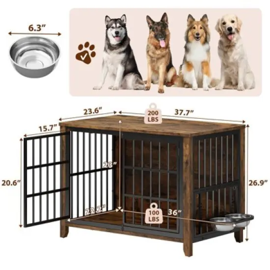 Gikpal Dog Crate Furniture with 2 Adjustable Dog Bowls, Dog Cage Furniture, Dog Kennel Indoor with Lockable Door, Chew-Proof Design, Pet Carrier House image {1}