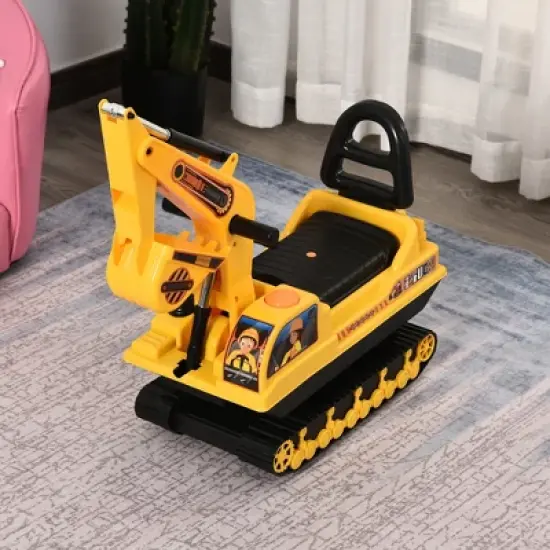 HOMCOM NO POWER Ride On Excavator Toy Tractors Digger Movable Scooter Walker Pretend Play Toddler Construction Truck Basket Storage Yellow image {1}