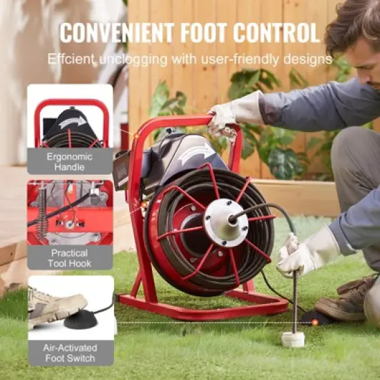 VEVOR Drain Cleaner Machine 75FT x 3/8 Inch, Sewer Snake Auger Manual Feed, 250W Electric Drain Cleaning Machine, Red image {6}
