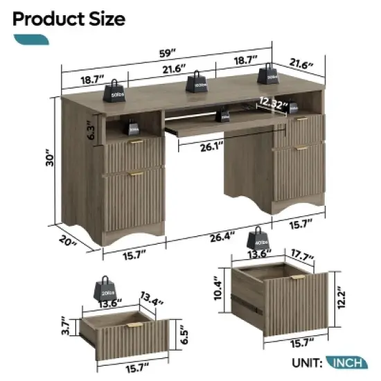 Bestier 59''Executive Office Desk with File&Storage  Drawers，Computer Desk with Keyboard Tray, Office Desks with Cable Management&2 Open Compartments image {4}