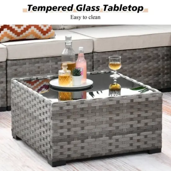 Marlton 13pc Wicker Outdoor Patio Furniture Set Conversation Sofa Set with a Rectangle Fire Pit and Cushions image {8}